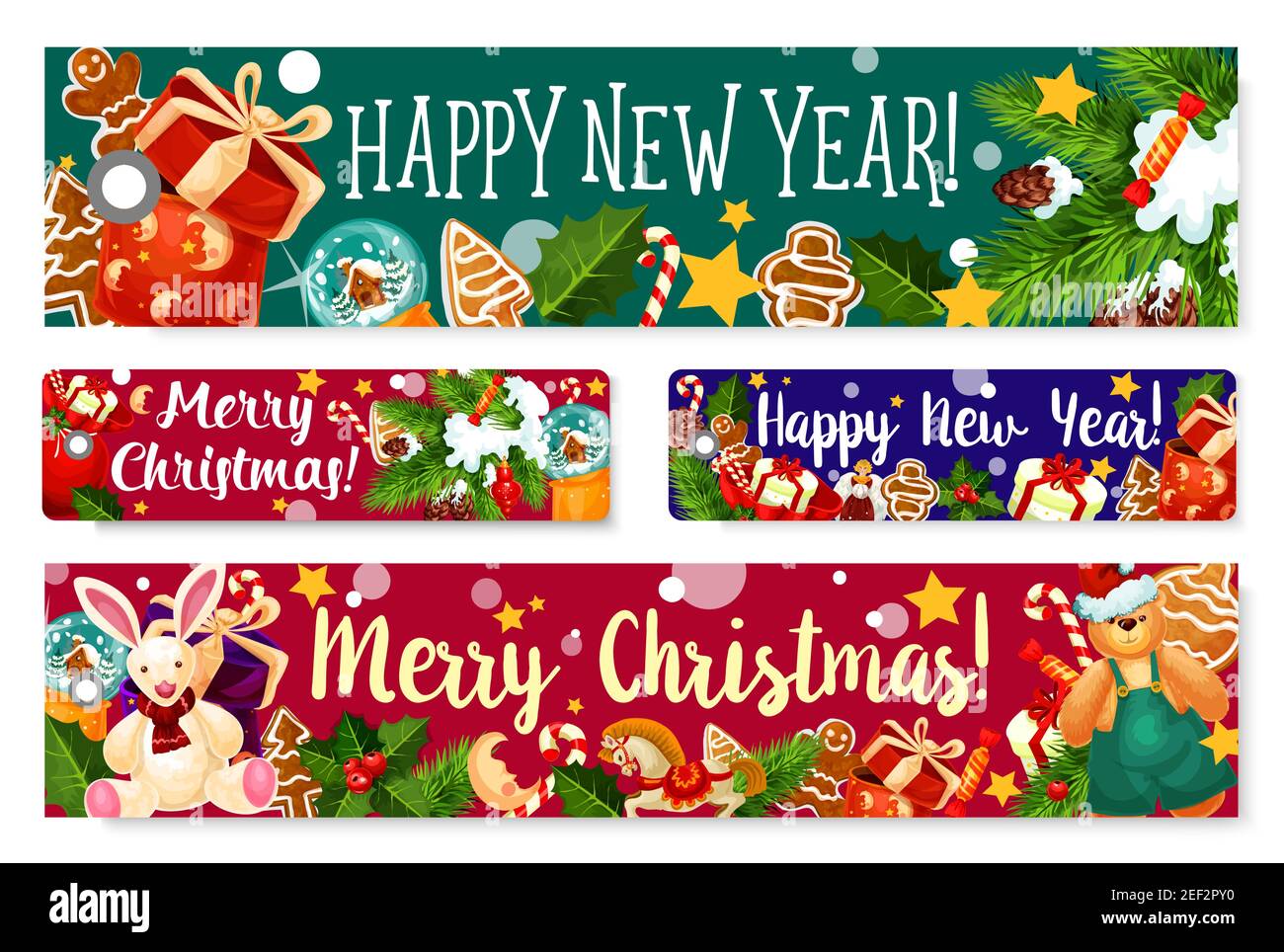 Frohe Weihnachten und ein glückliches neues Jahr Winterferien Gruß Banner Design für Wish Card. Vektor Xmas Dekorationen auf Weihnachtsbaum, Stechenkranz oder s Stock Vektor