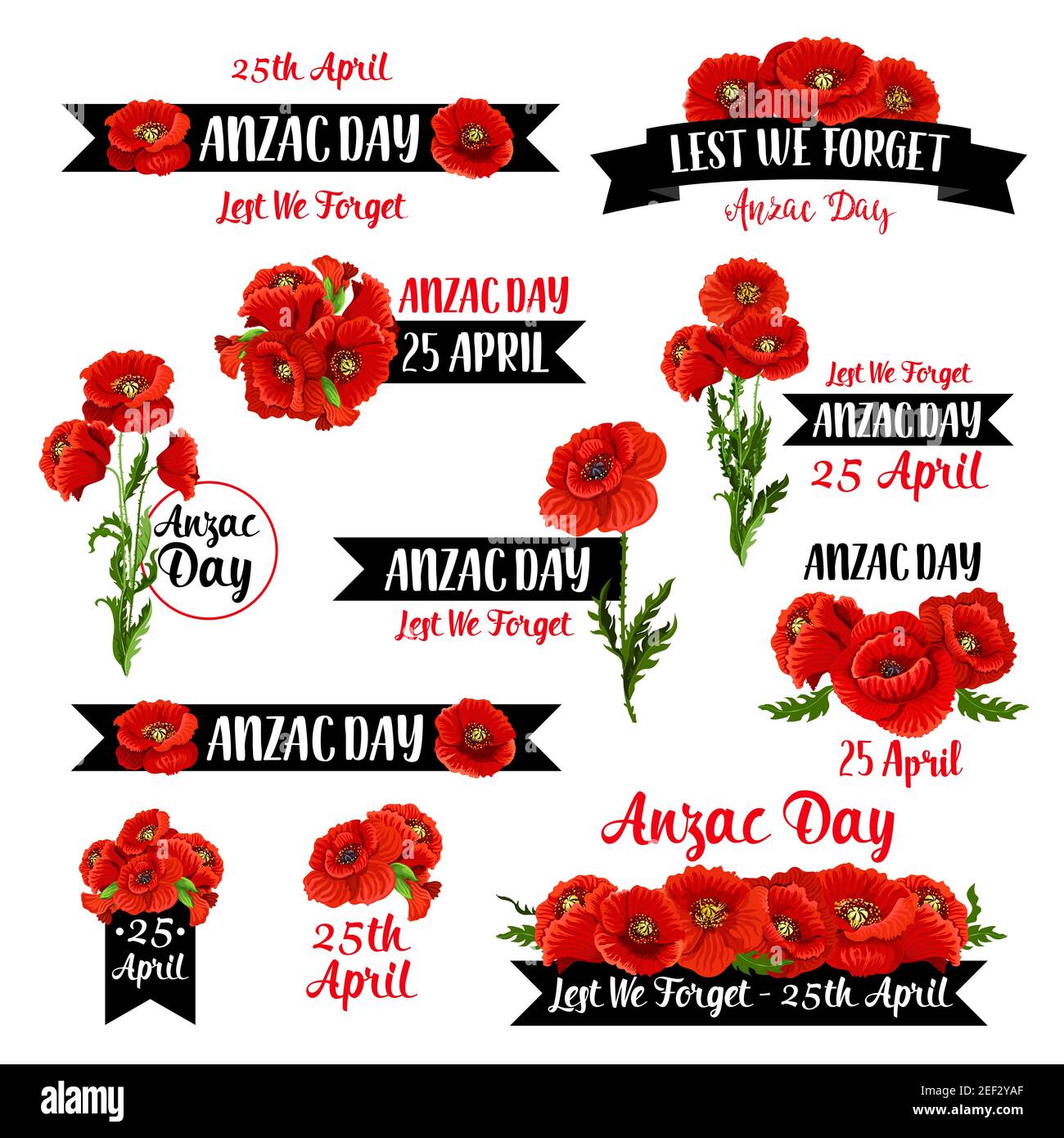 Anzac Tag Abzeichen Satz von roten Mohnblume und schwarzem Band mit Lest We Forget Message. Australian und New Zealand Army Force Remembrance Day Emblem mit Stock Vektor
