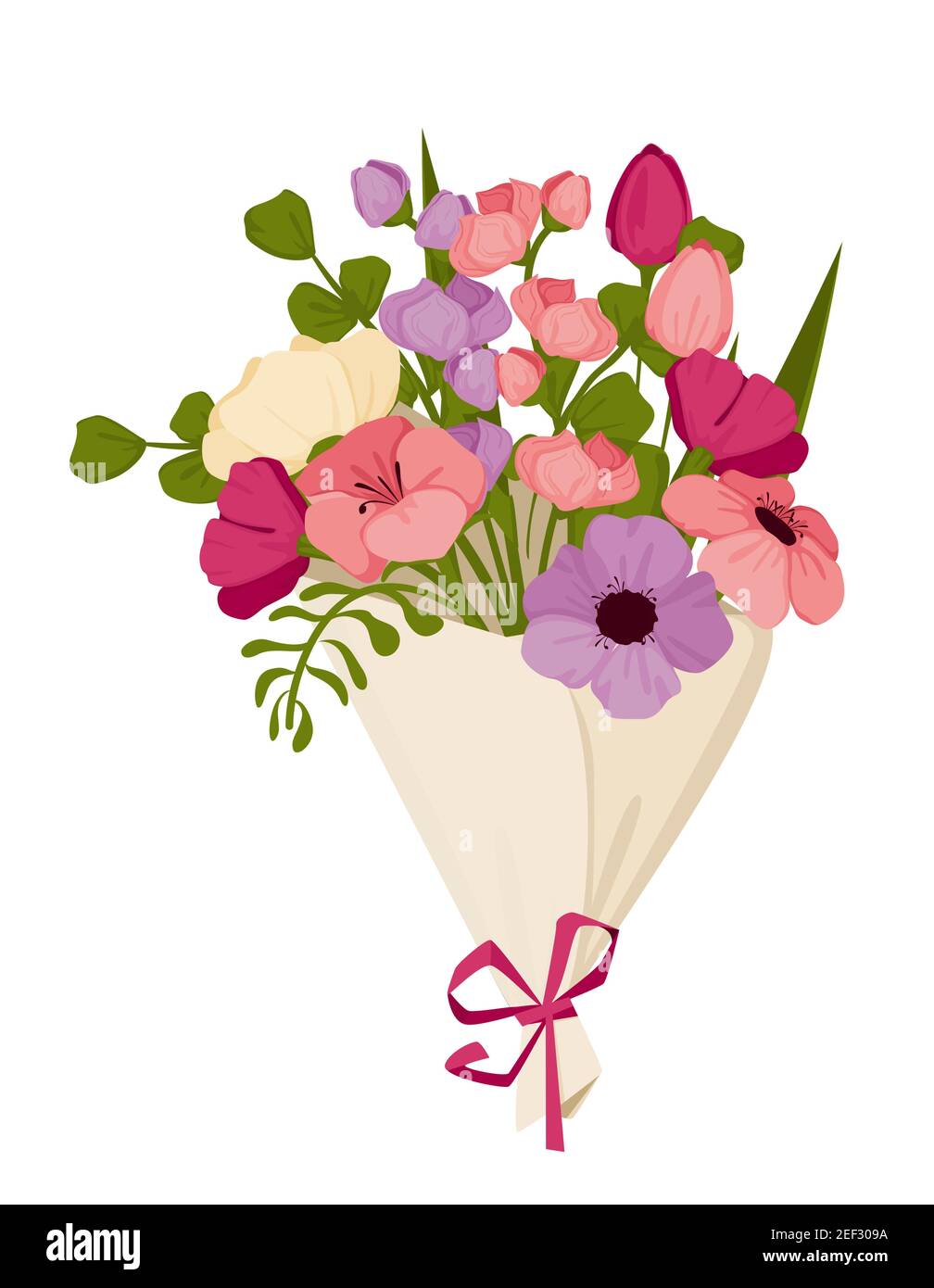 Frühlingsstrauß zum Muttertag mit Tulpen und anderen Blumen, März 8, Internationaler Frauentag. Vektor Stock Vektor