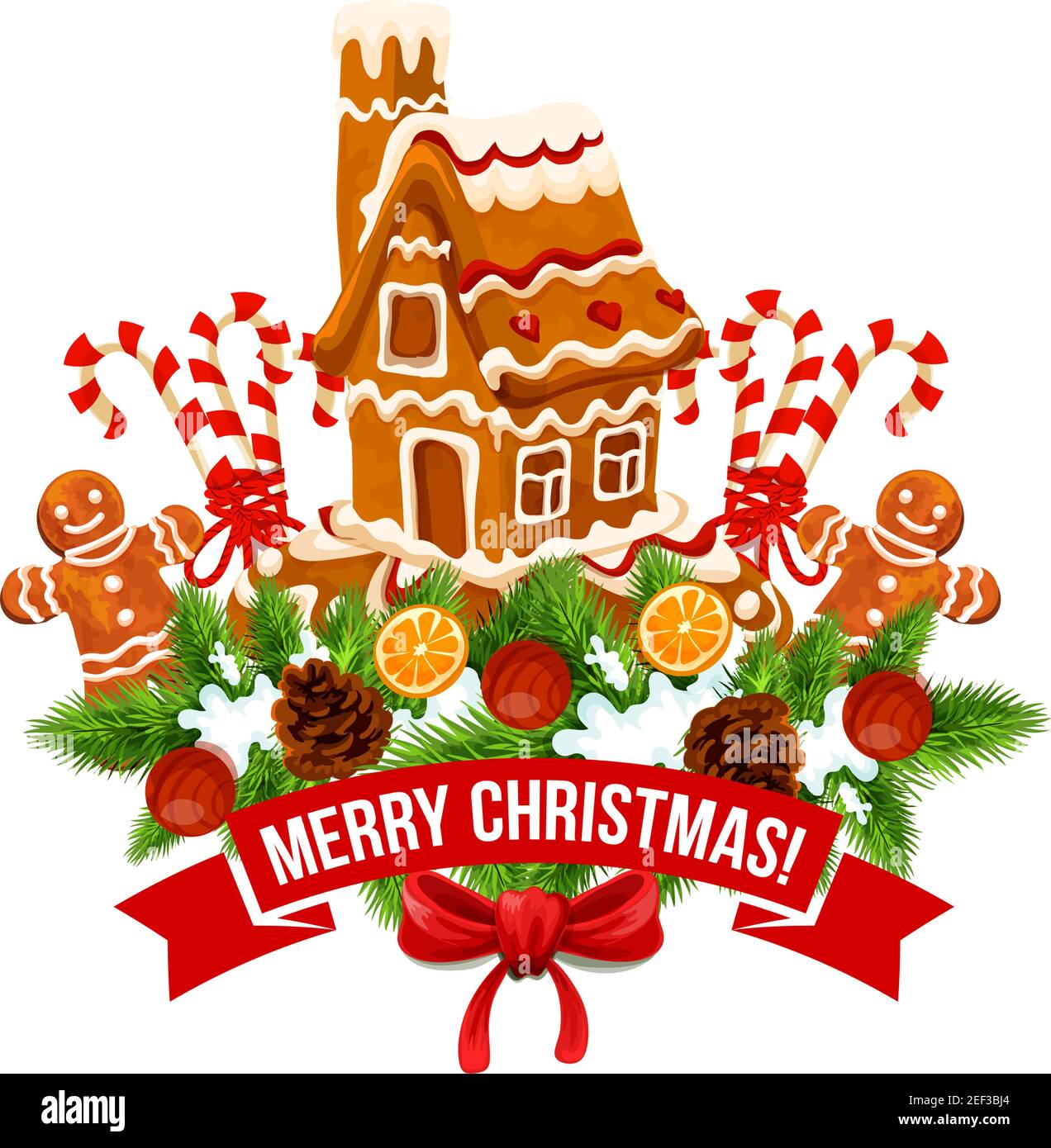 Frohe Weihnachten Wunsch Schriftzug auf rotem Band und Lebkuchen Cookie Haus, Mann oder Stern Süßigkeiten auf Neujahr Tannenbaum Kranz Ornament im Schnee. Vektorisol Stock Vektor