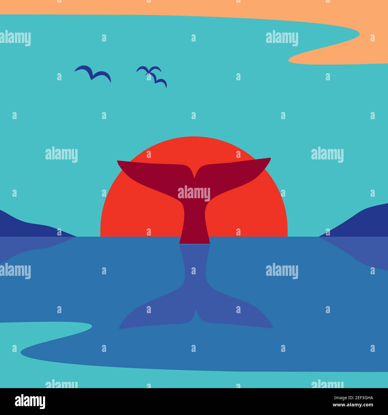 Whale Tail at Ocean Sunrise minimalistisches flaches Vektor-Poster Stock Vektor