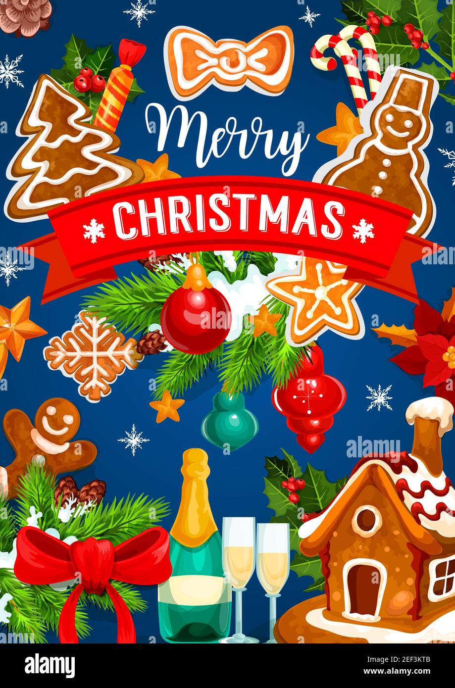 Weihnachtskekchen Grußkarte der Winterfeiertage. Lebkuchenmann, Weihnachtsbaum, Schneeflocke und Stern, Schneemann und Haus Ingwer Keks Poster Stock Vektor
