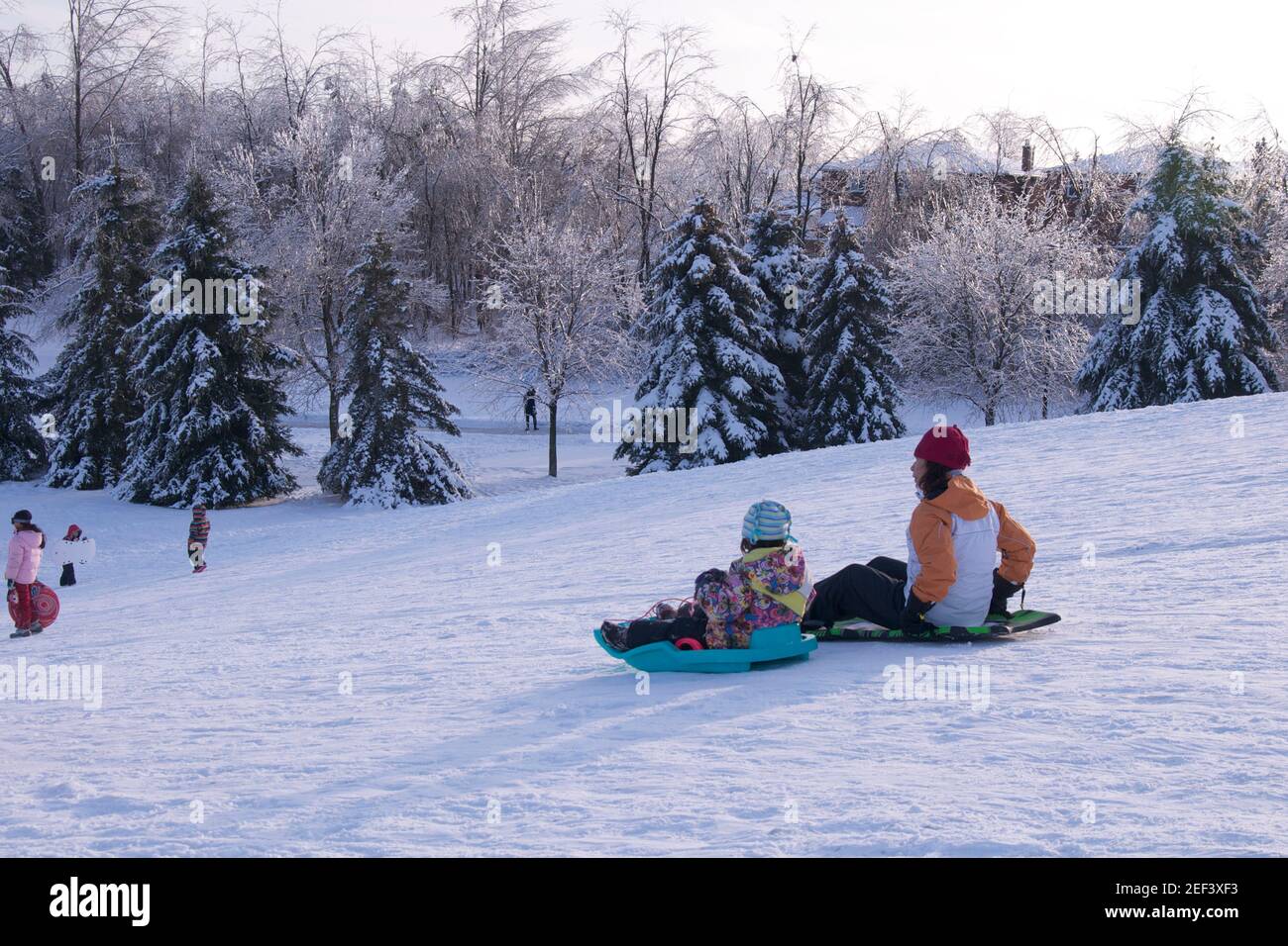 Toronto, Ontario / Canada - 12-27-2013: Wintersport-Rodel - Kind spielt Rodel mit Mutter nach einem Eissturm. Winter, draußen, gesundes Leben Stockfoto