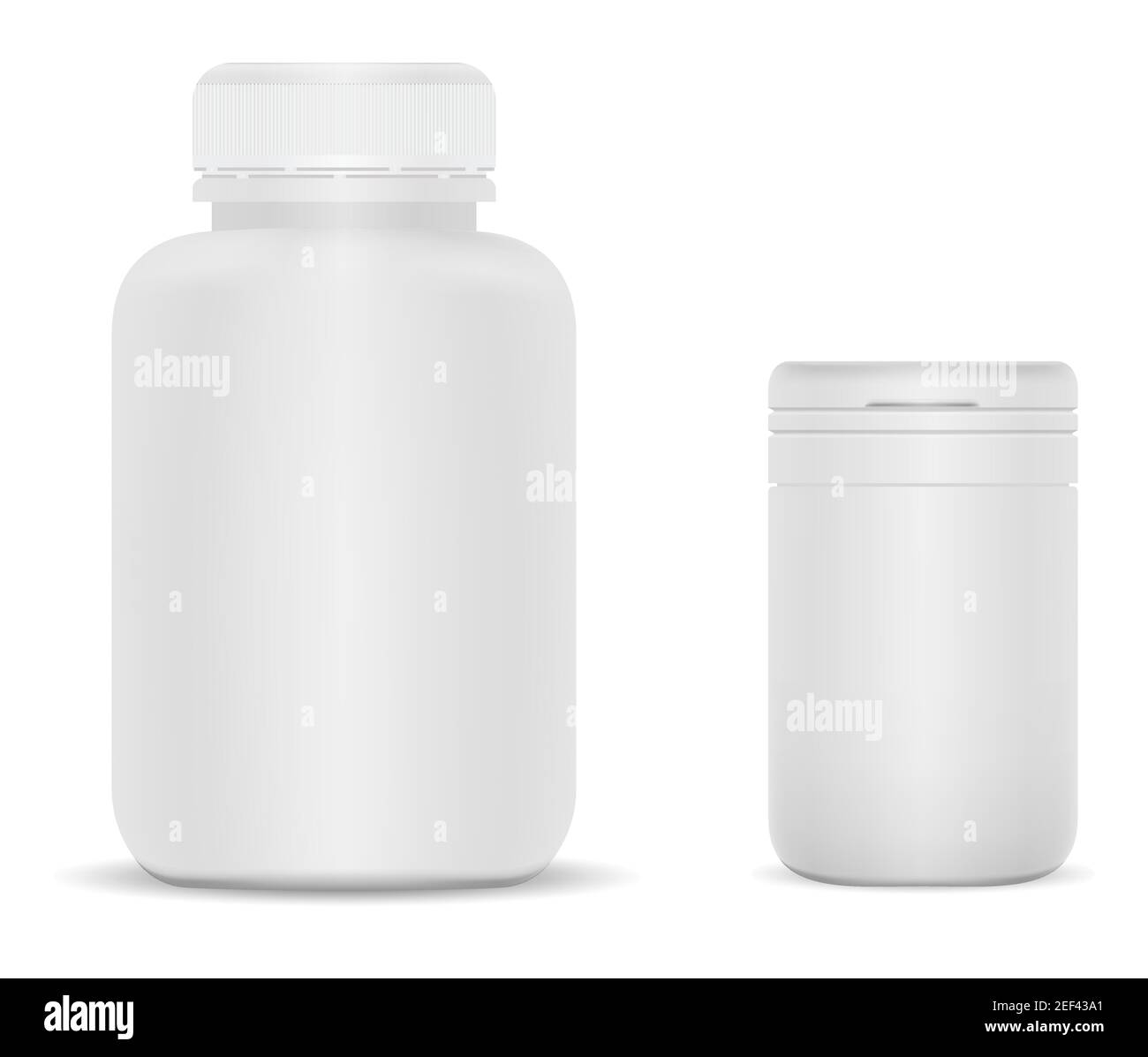 Weiße Kunststoff Ergänzung Glas. Vitaminflasche Vektor blank, 3D Zylinder Paket. Große pharmazeutische Pillenpackung. Rundes Tablettrohr, leerer matter Kunststoff Stock Vektor