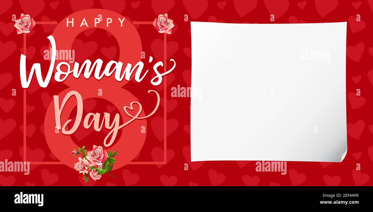 März 8, Happy Women's Day Elegantes Gratzen. Schöne niedliche dekorative roten Hintergrund, weiße Farbe Ziffer 8, kalligraphischen Text, realistische Blatt Papier. Stock Vektor