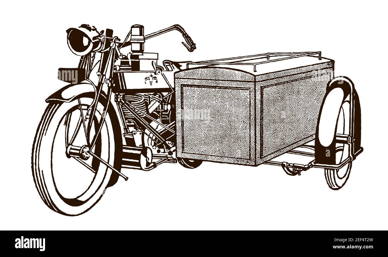 Antikes Motorrad mit Lieferkarton Seitenwagen in Dreiviertelansicht, nach einer Illustration aus dem frühen 20th. Jahrhundert Stock Vektor