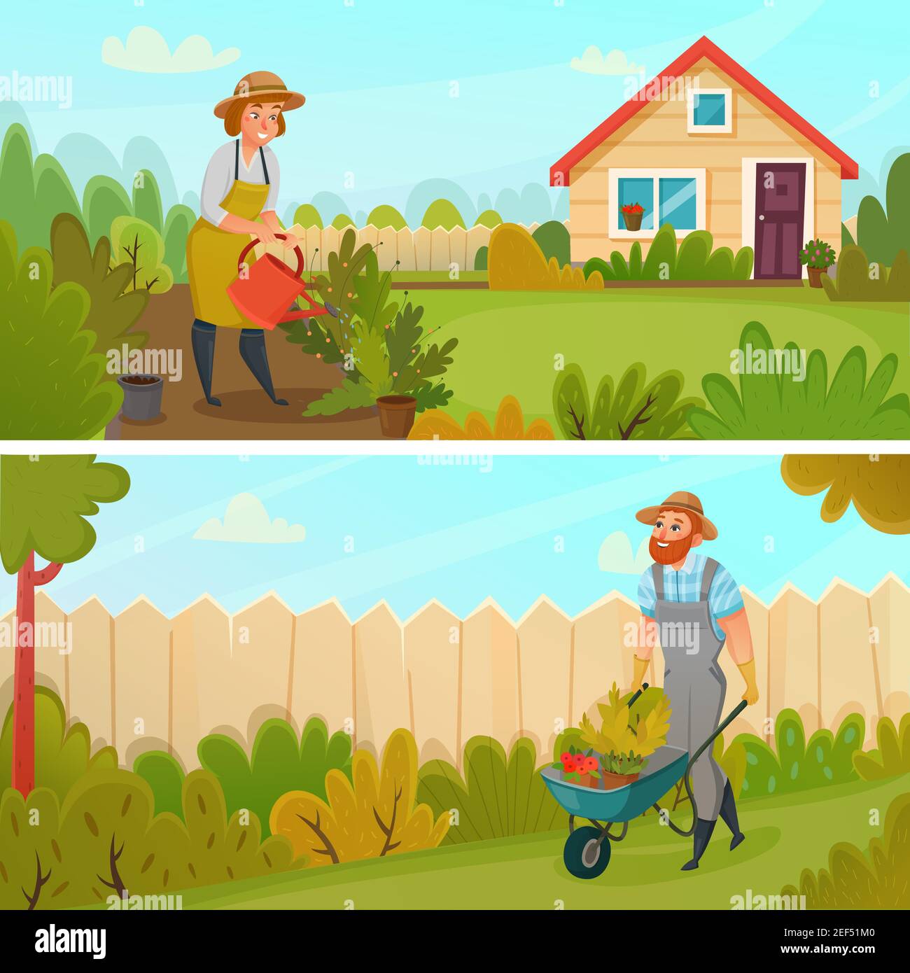Zweifarbiges horizontales Gartenbanner-Set mit Sämlingen und Bewässerung Blumenbeete Vektorgrafik Stock Vektor