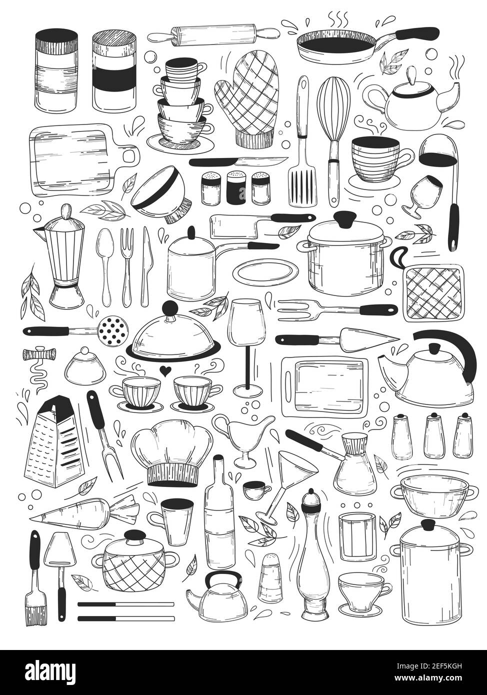 Kochkurse und Küchenausstattung Set, Kochsachen für Menüdekoration. Vektorsammlung isolierter Objekte. Symbole im Skizzenstil Stock Vektor