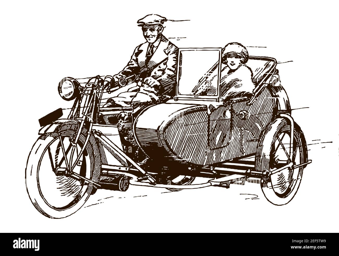 Lächelnde Frau und Mann aus dem frühen 20th. Jahrhundert auf einem antiken Motorrad mit Seitenwagen, in drei Viertel Ansicht Stock Vektor
