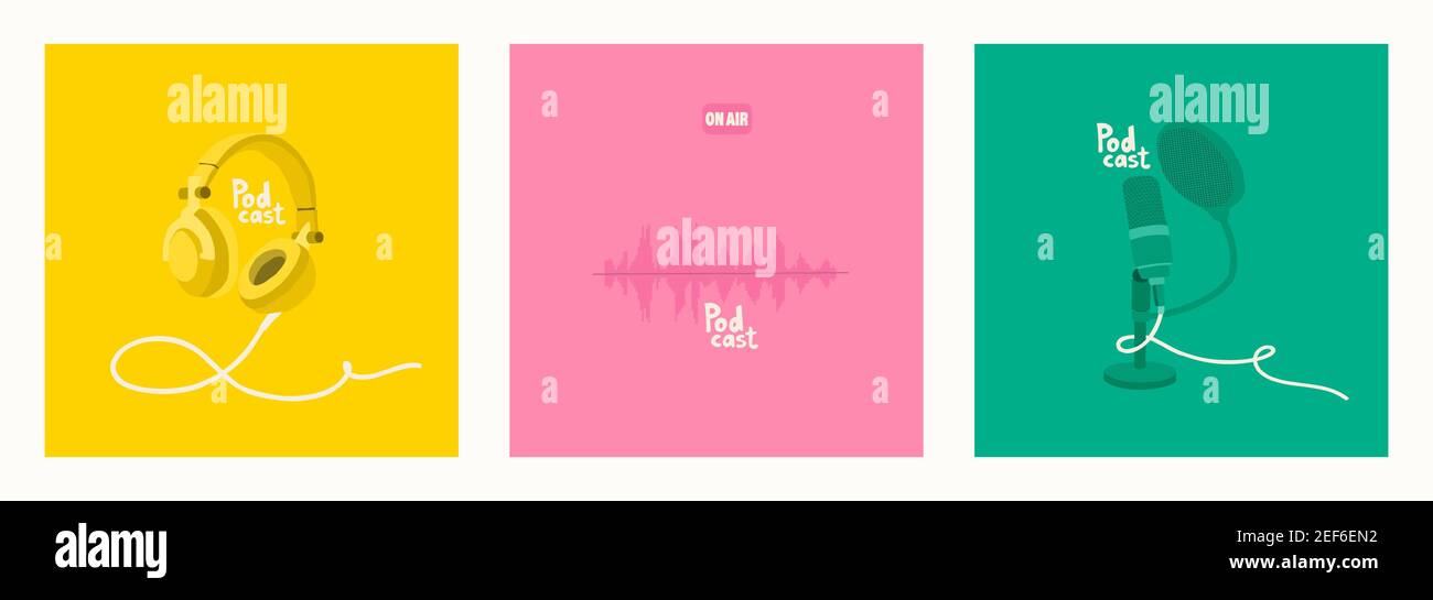 Set von Vektor-Illustrationen für die Gestaltung von Podcast-Sendungen. Studio-Mikrofon auf einem Ständer, Kopfhörer, Soundtrack. Perfekt für einen Podcast-Blog. EP Stock Vektor