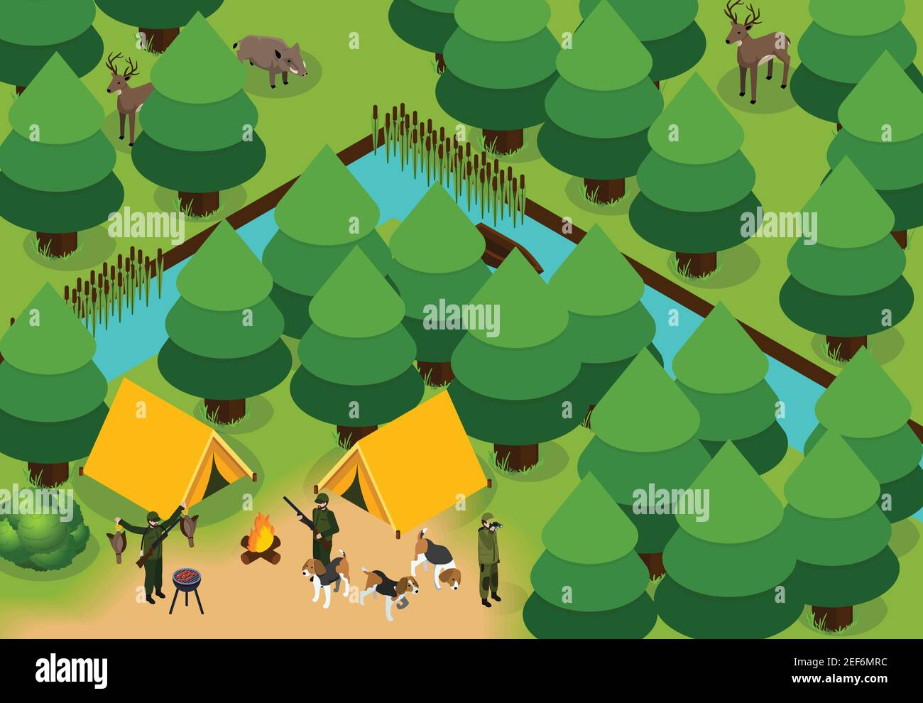 Isometrisch gefärbte Jagdkomposition Gruppe der Jäger mit den Zelten und Hunde im Wald Vektor-Illustration Stock Vektor