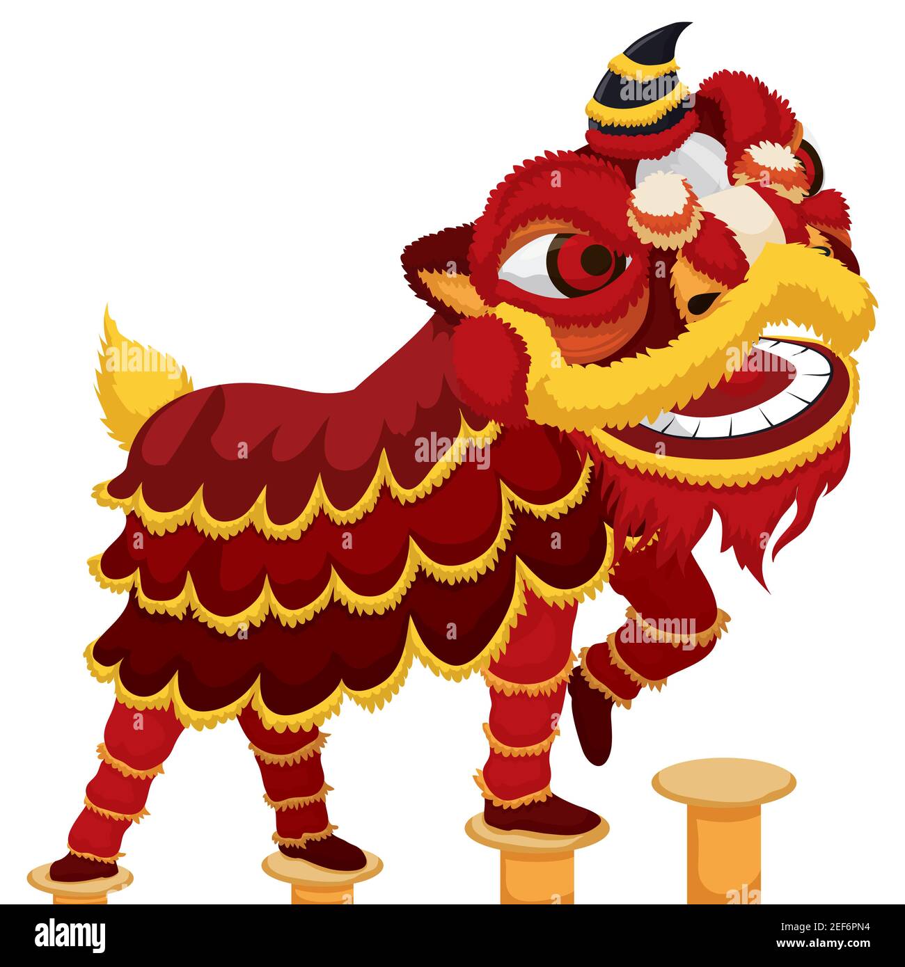 Performance mit chinesischen roten Löwen Kostüm und Tänzer präsentieren eine Demonstration der Kampfkunst über Säulen. Stock Vektor