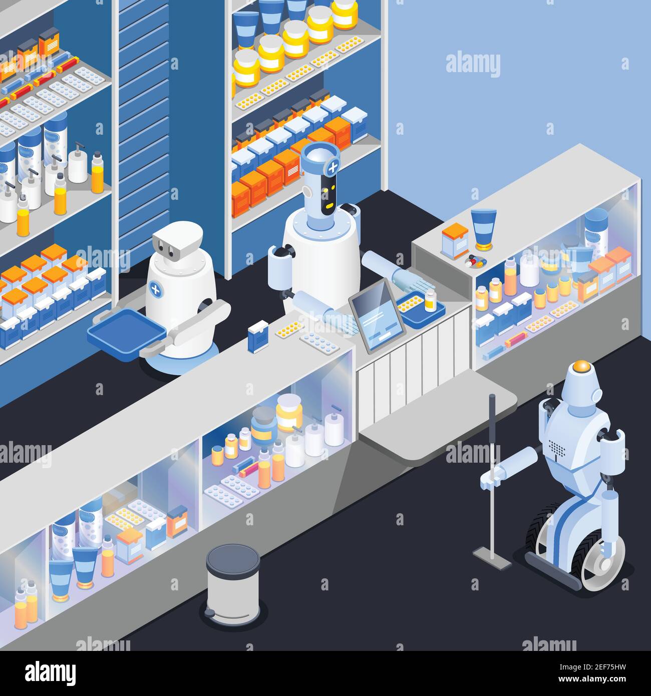 Roboter isometrische Berufe Zusammensetzung mit intelligenten Roboter Store Attendants an Theke von Haushalt chemische Waren Shop Vektor-Illustration Stock Vektor