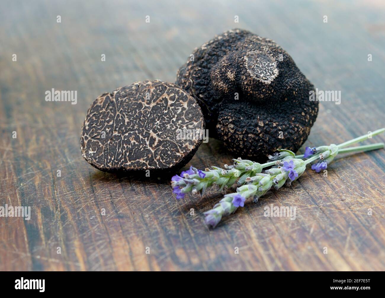 Trüffel auf einem hölzernen Hintergrund Stockfoto