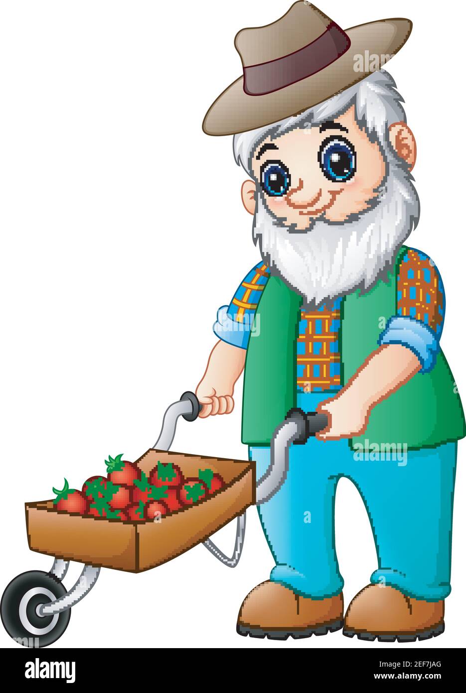 Vektor-Illustration von Bartgärtner schieben einen Erdbeerwagen Stock Vektor
