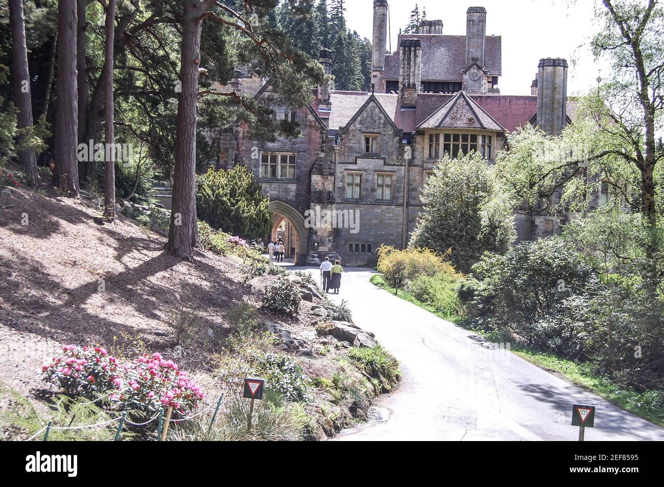 Cragside House Rothbury Northumberland viktorianische Bäume Baumgarten Blumen Hügel Hügel mit rosafarbenen Schornsteinen Stockfoto