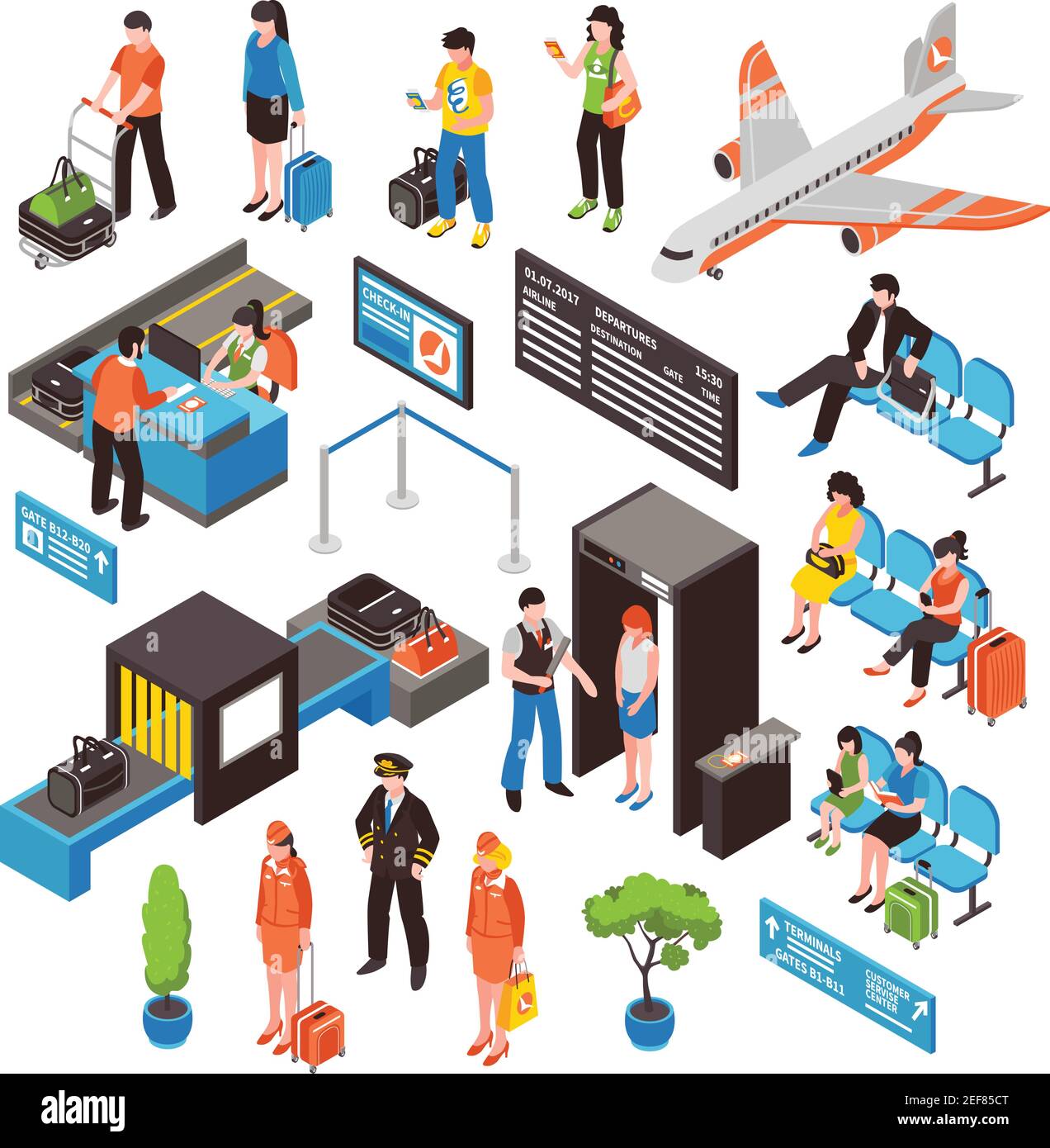 Passagiere des Flughafens Check-in Sicherheitskontrolle Gates waitig Bereich und Flugzeug Isometrische Symbole Sammlung isolierte Vektor-Illustration Stock Vektor