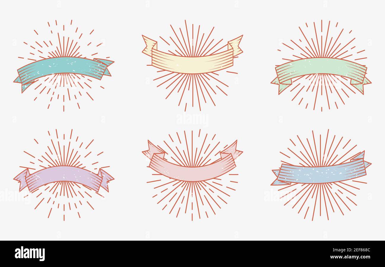Retro grunge bunte Bänder Set. Vintage Emblem Hipster Stil mit hellen Strahlen. Doodle von Sunburst mit leeren Bannerbändern mit Platz für Text. Alte Elemente für Banner, Plakate. Vektorgrafik Stock Vektor