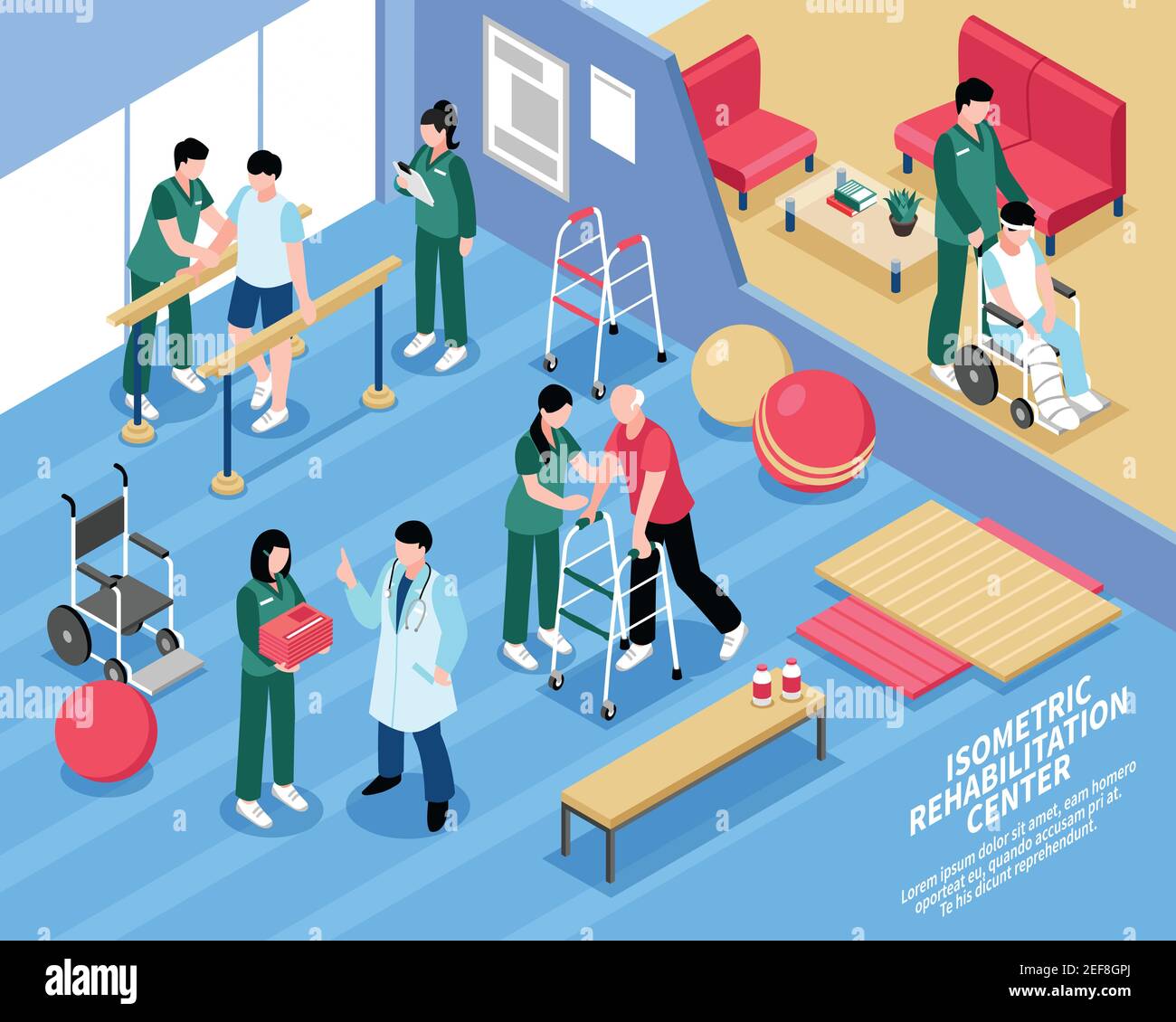 Rehabilitationszentrum Bewegungstherapie Behandlung isometrische Poster mit Physiotherapeuten und Vektordarstellung „Krankenschwestern, die Patienten betreuen“ Stock Vektor