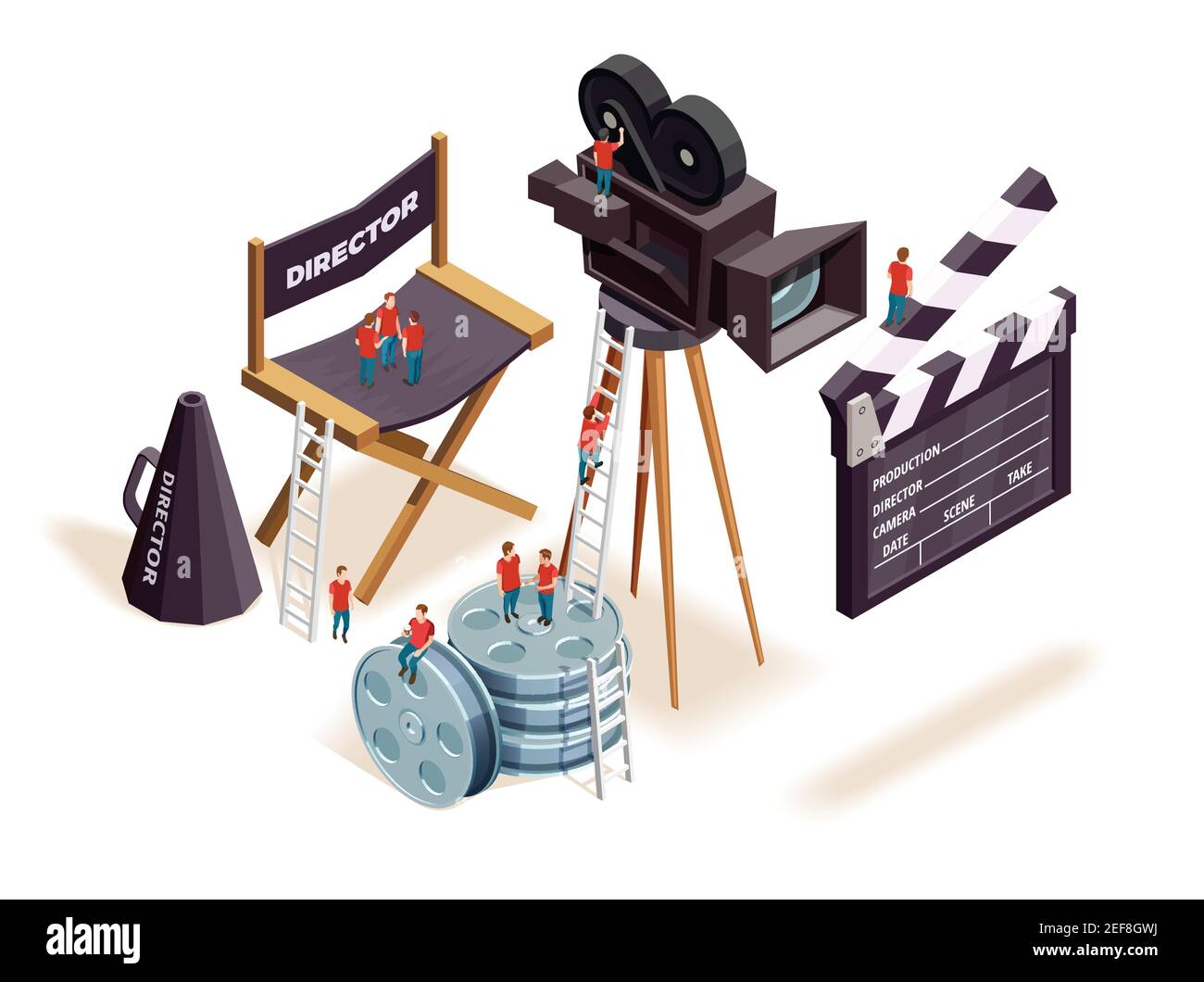 Isometrische Filmkomposition mit den kleinen Leuten, die auf Bewegung klettern Bild Filmausrüstung und Regisseure Sitz Vektor Illustration Stock Vektor