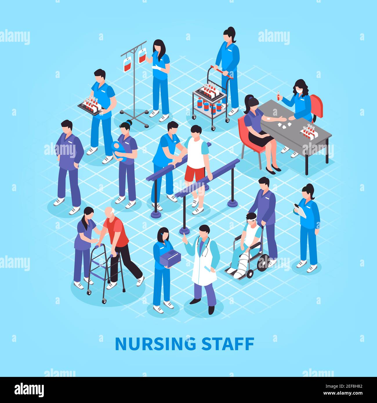Krankenhauspersonal Krankenschwestern isometrisches Flussdiagramm Infografik Poster mit Labortests Rehabilitation und Physiotherapie Übungen Assistenten Vektor Illustration Stock Vektor