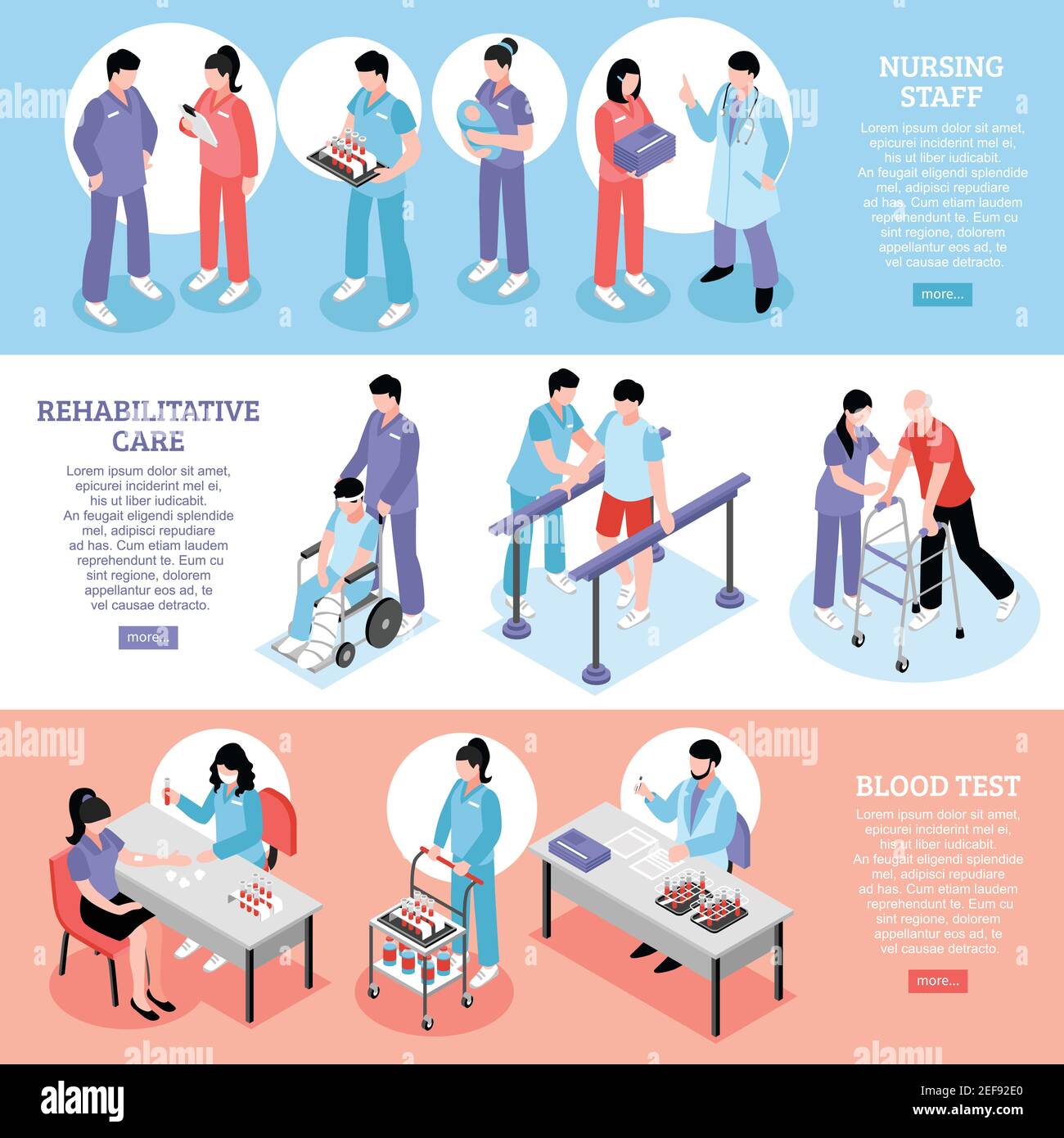 Krankenhaus Informationen online 3 isometrische Banner mit Personal Krankenschwestern unter Rehabilitationszentrum und Bluttest Vektor Illustration Stock Vektor