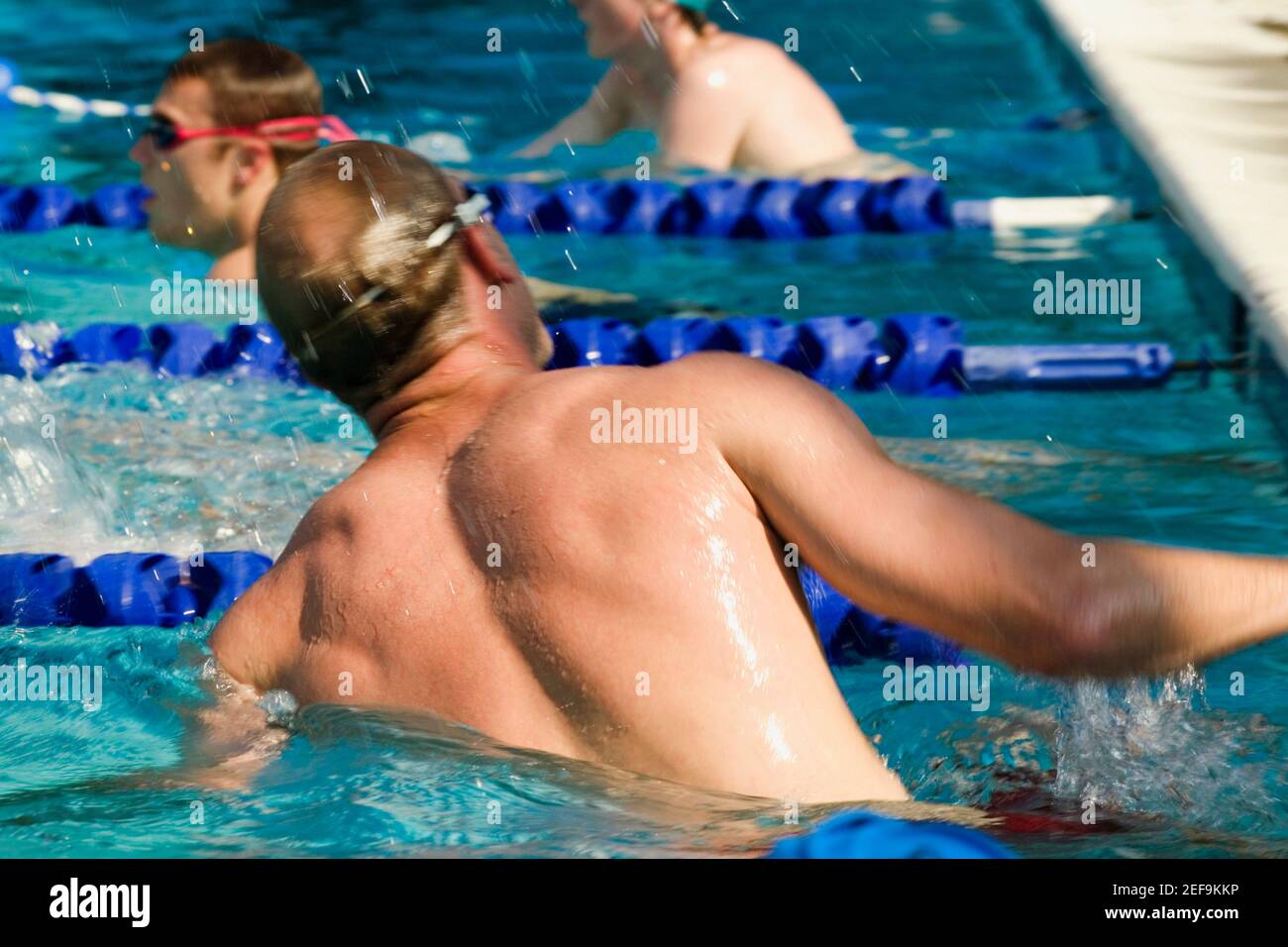 Rückansicht eines mittelerwachsenen Mannes und eines Jungen Mann schwimmend in einem Schwimmbad Stockfoto