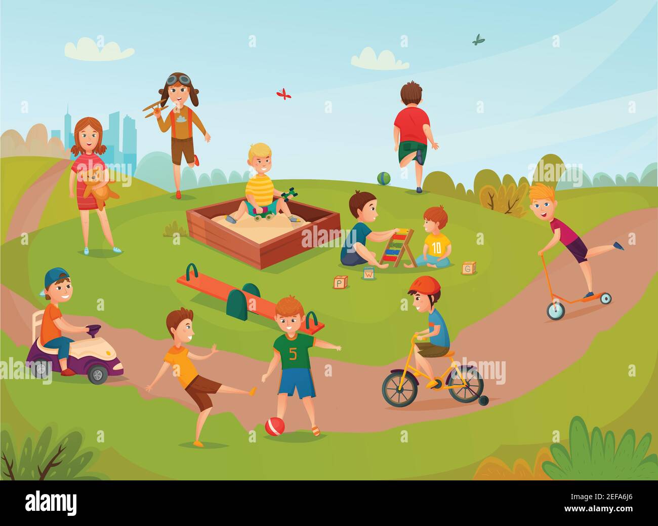 Farbige Kinder spielen Komposition mit Kindern auf Rasen haben Spaß Und Vektorgrafik wiedergeben Stock Vektor