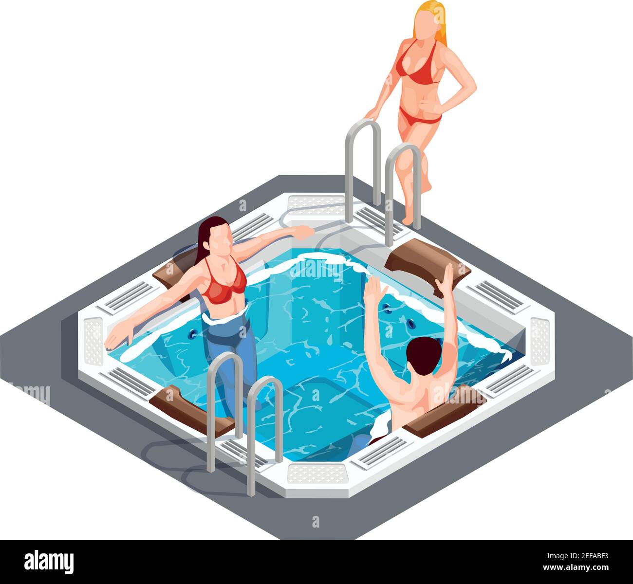Junge Leute haben Spaß im Whirlpool im Wasserpark Auf weißem Hintergrund 3D isometrische Vektorgrafik Stock Vektor