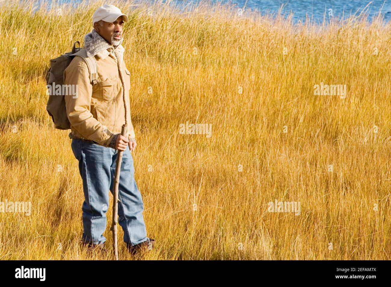 Seitenprofil eines reifen Mannes beim Wandern Stockfoto
