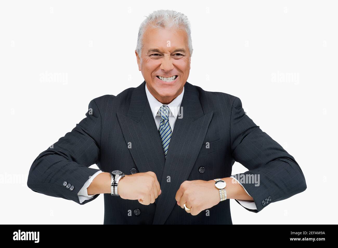 Nahaufnahme eines Geschäftsmannes mit zwei Armbanduhren Stockfoto