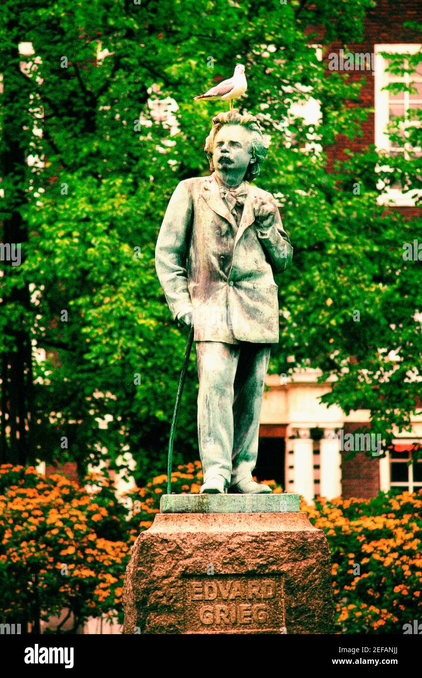 Taube auf einer Statue, Bergen, Norwegen Stockfoto