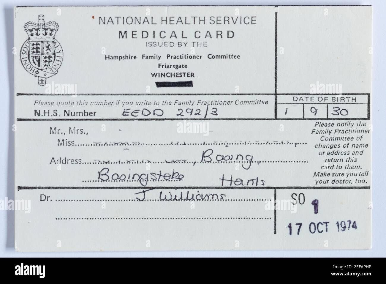 National Health Service Medical Card, England, Großbritannien Stockfoto