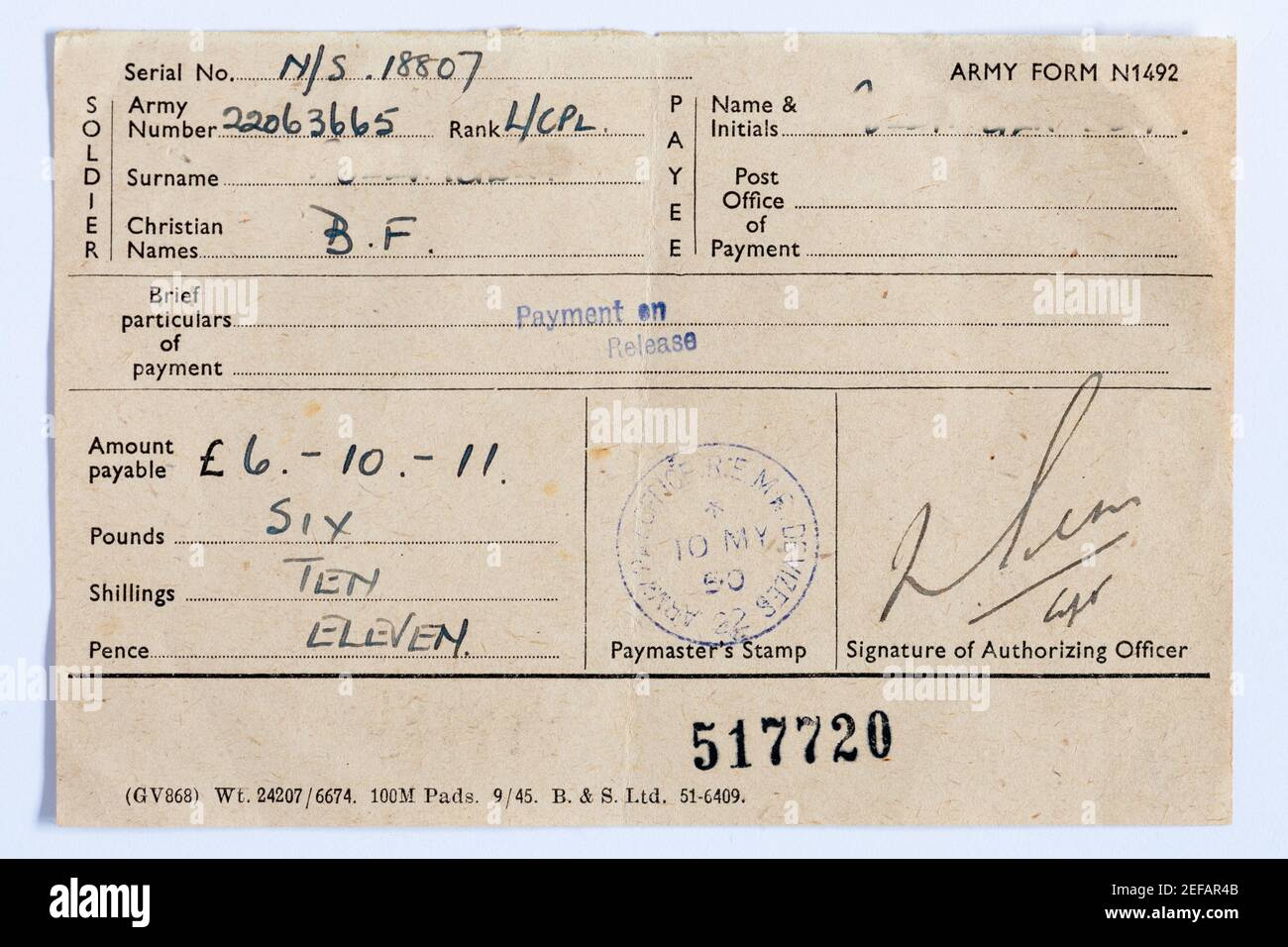 Armee nationalen Dienst Entlastungspapiere aus 1950, Form N1492, Zahlung auf Freilassung, England, Großbritannien Stockfoto