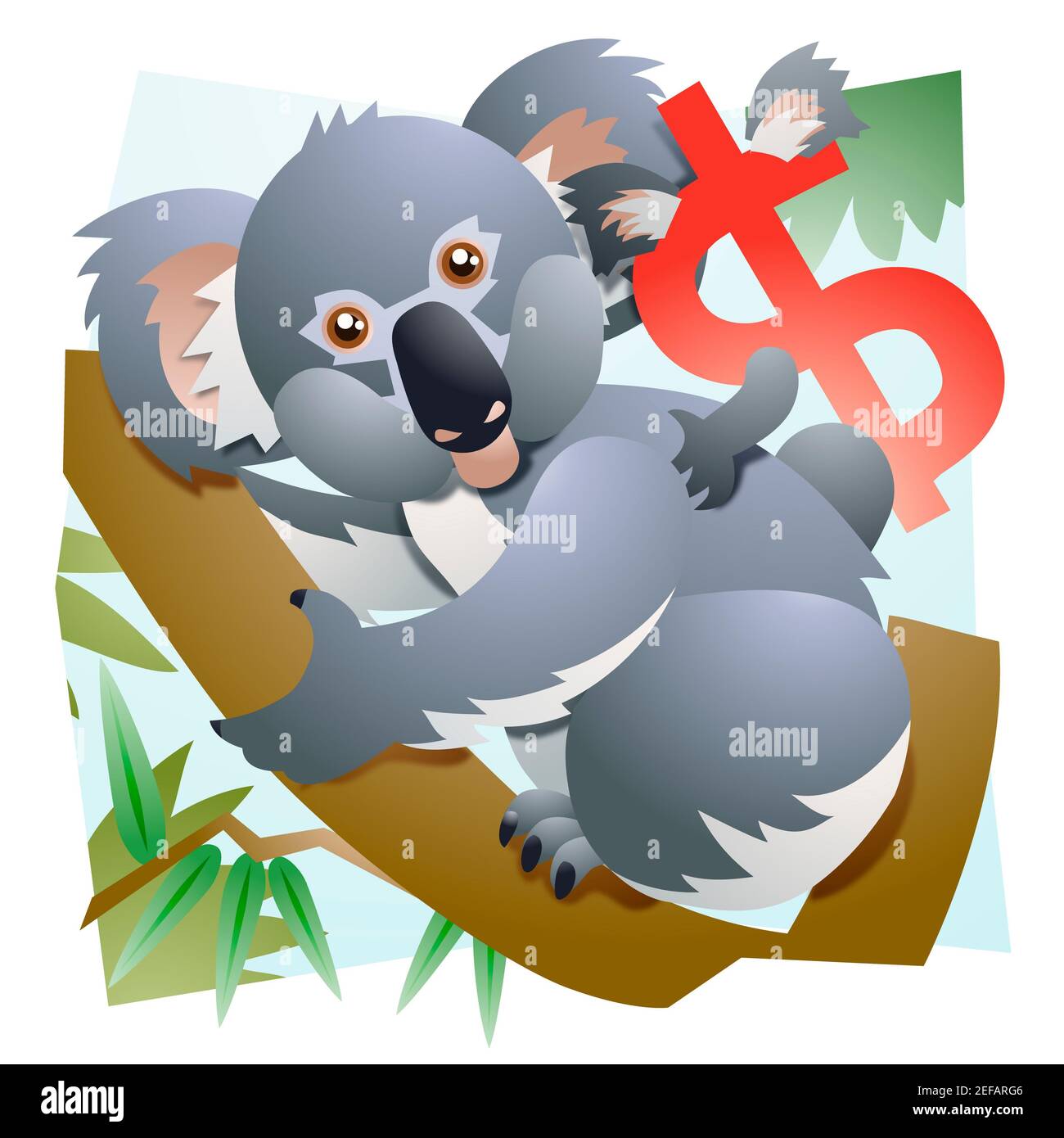 Nahaufnahme einer Koala-Bärenfamilie, die auf einem Baum ruht Zweig mit einem Dollarzeichen Stockfoto