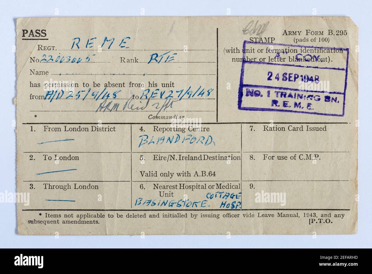 3-Tage-Pass von Armee nationalen Service, REME 1948, England, Großbritannien, historische Armeepapiere Stockfoto