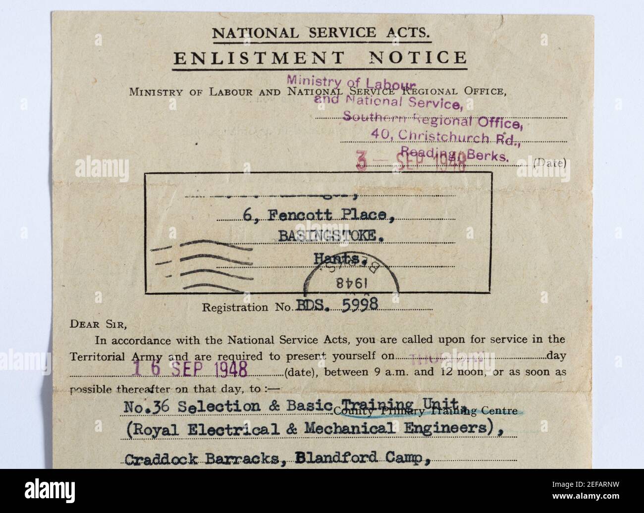 Bekanntmachung über die Einberufung des nationalen Militärdienstes von 1948, England, Großbritannien Stockfoto