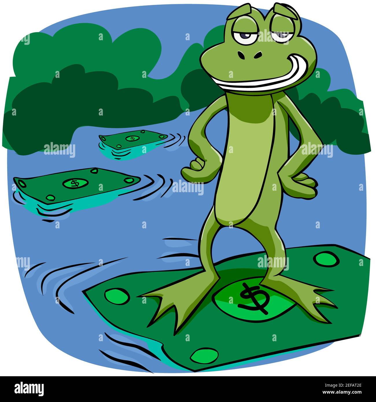 Porträt eines Frosches, der auf einem schwimmenden Dollarschein steht Auf dem Wasser Stockfoto