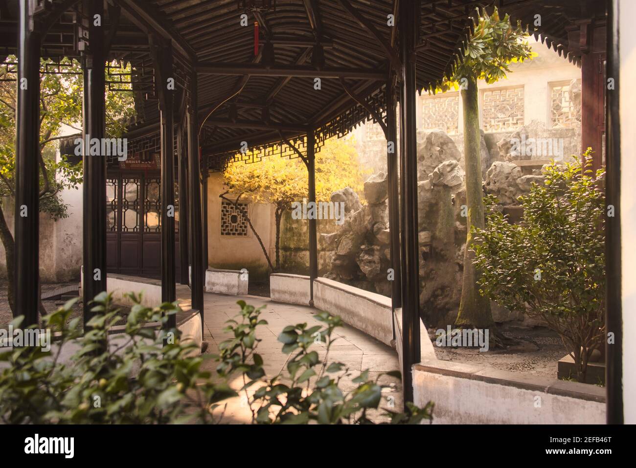 Der Garten im bescheidenen Administratorgarten (Zhuozheng Garten) In einem Nebel am frühen Morgen.Zhuozheng Garten ein klassischer Garten, ein UNESCO Weltkulturerbe A Stockfoto