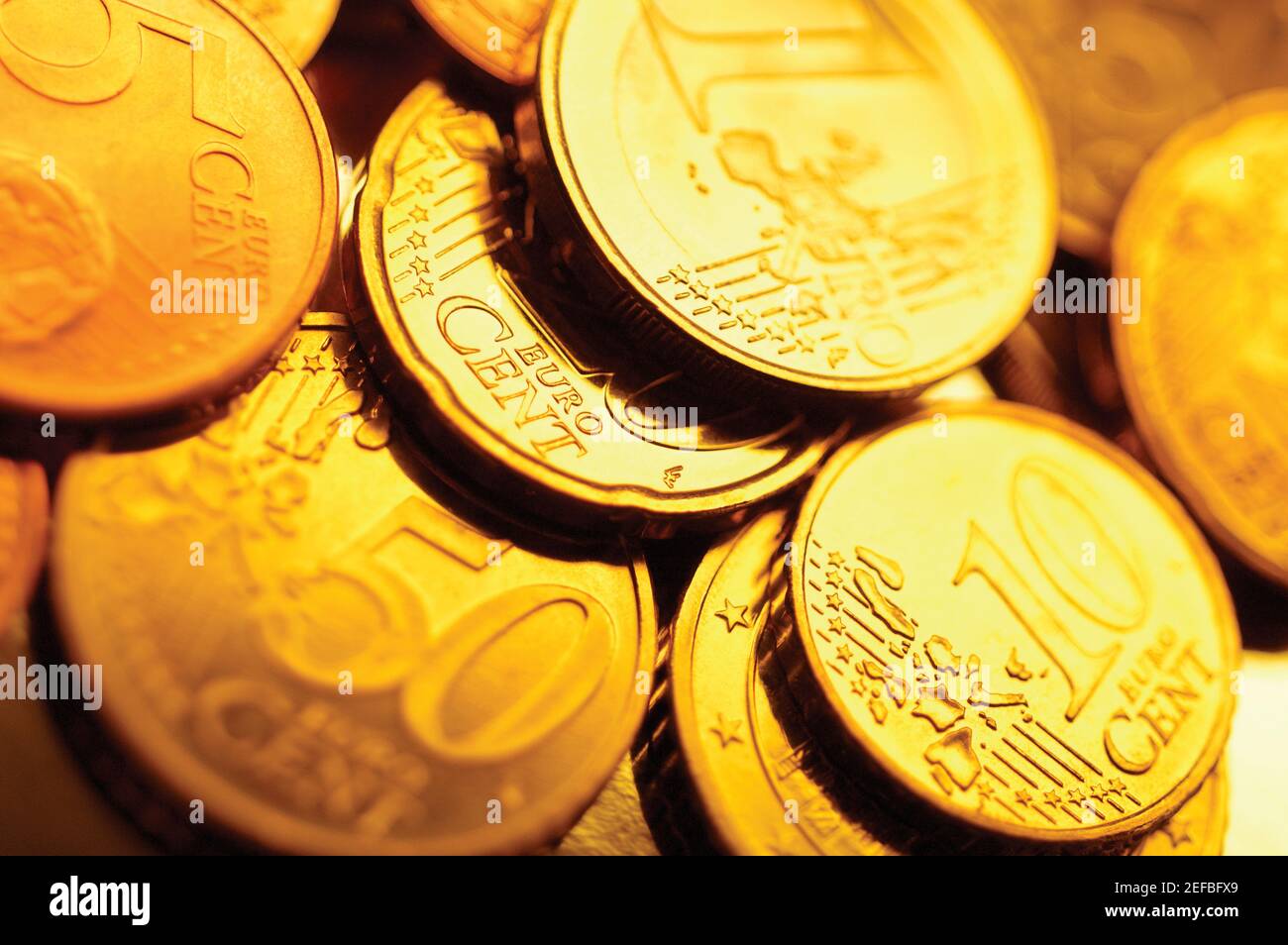 Verschiedene Euro-Münzen, Nahaufnahme Stockfoto