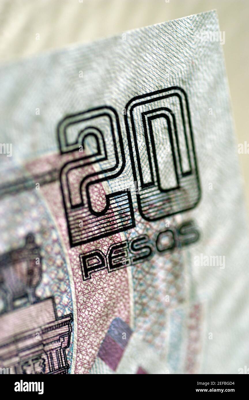 Extreme Nahaufnahme der mexikanischen 20 Pesos Banknote Stockfoto