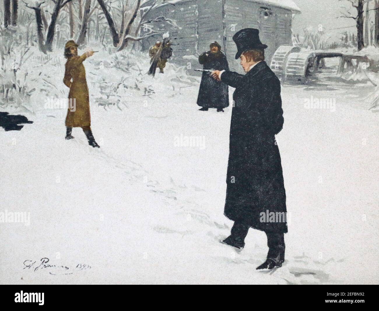 Lenskys Duell mit Onegin. Illustration für die Arbeit von Alexander Puschkin 'Eugen Onegin'. Aquarell durch Z. B. Repin. Stockfoto