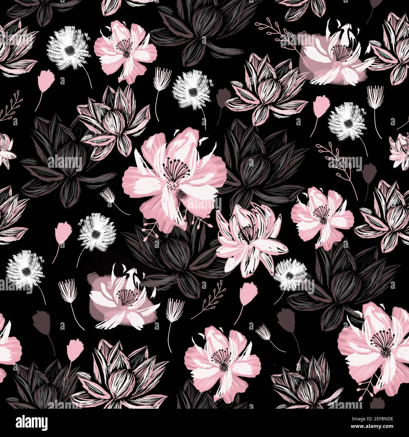 Nahtlose Blumenmuster auf einem dunklen Hintergrund mit rosa und weißen Blumen. Garten Blumen Hintergrund. Oberflächengestaltung für Stoffe, Verpackung, Verpackung p Stockfoto