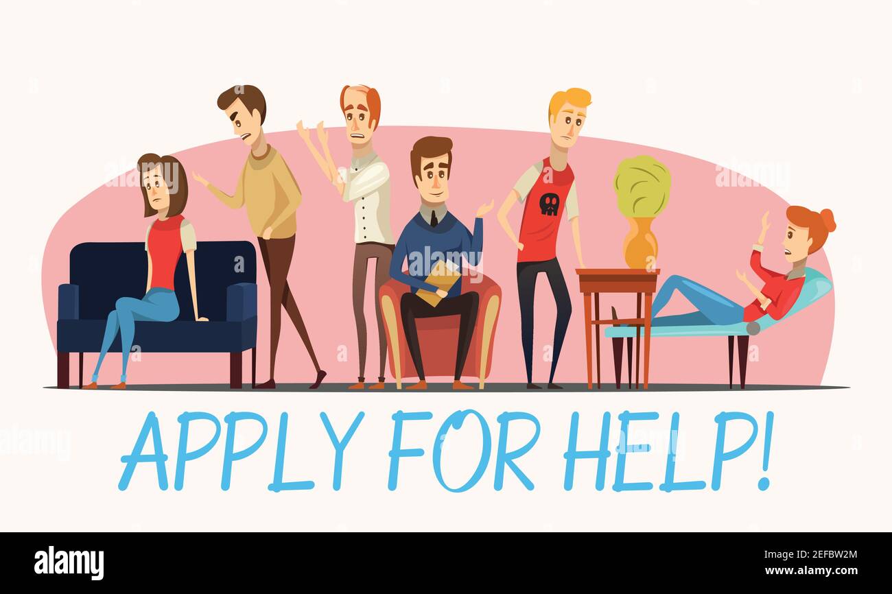 Bewerben Sie sich für Hilfe Psychologe Poster mit Spezialisten und Patienten Mit verschiedenen Problemen flache Vektordarstellung Stock Vektor