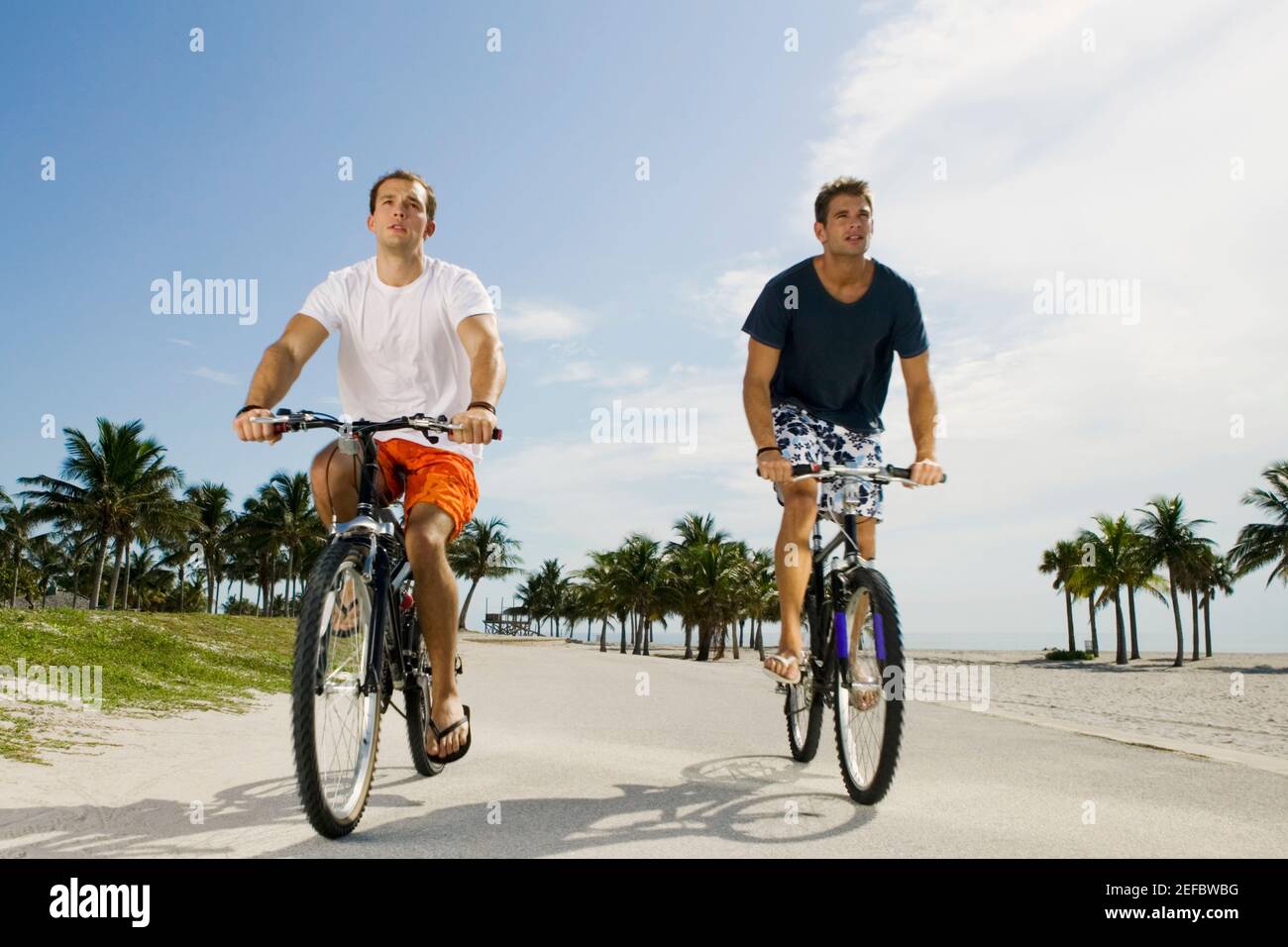 Zwei junge Männer, die auf der Straße radeln Stockfoto