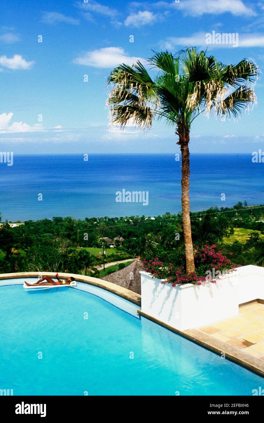 Blick auf eine Frau, die sich in einem Schwimmbad, endlose Sommer Villa, Montego Bay, Jamaika. Stockfoto