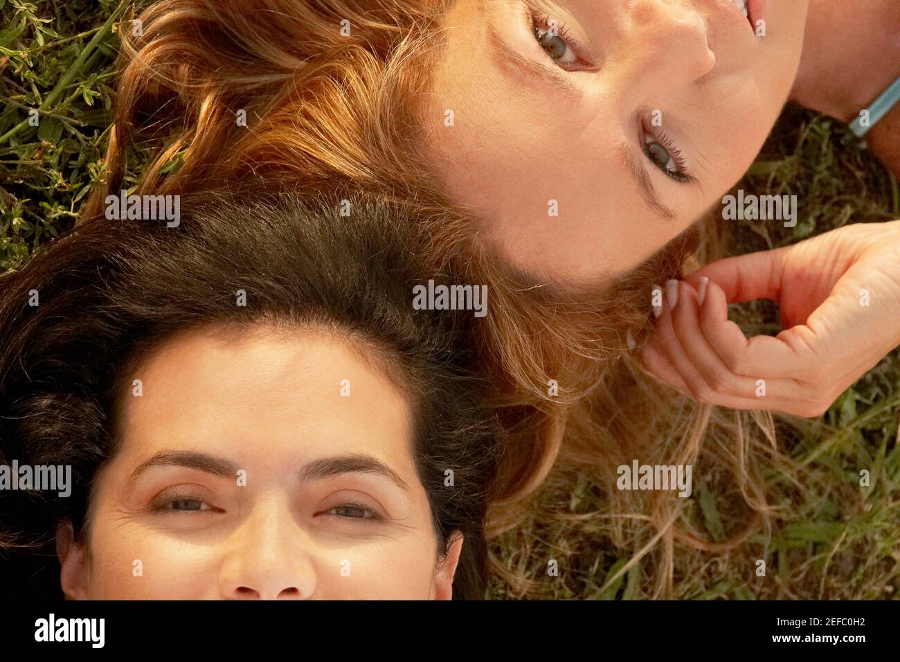 High-Angle-Ansicht einer mittleren erwachsenen Frau mit einem Reife Frau liegt auf dem Gras Stockfoto