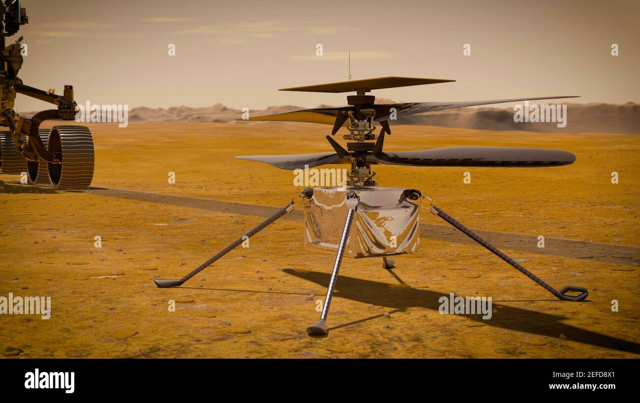 MARS - 2021 - als der NASA-Marsshubschrauber Ingenuity seinen ersten Testflug auf dem Roten Planeten versucht, wird der Mars 2020-Perseverance-Rover der Agentur b Stockfoto