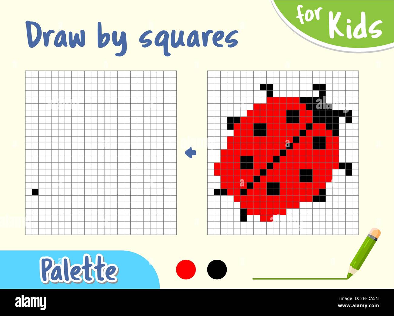 Kopieren Sie das Bild, zeichnen Sie Quadrate. Spiel für kleine Kinder zeichnen einen Marienkäfer von Zellen. Rote Marienkäfer Cartoon, Zeichnung Fähigkeiten Ausbildung. Kinder Vorschule activit Stock Vektor