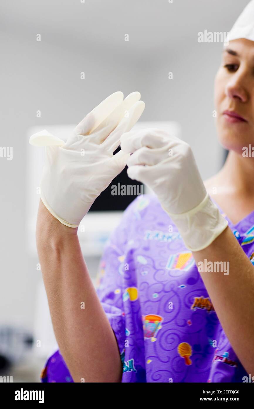 Ärztin, OP-Handschuhe tragen Stockfoto